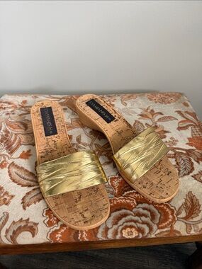 Damiani’s Made in Italy Gold Leather Cork Wedge Slide Sandals Size 8
